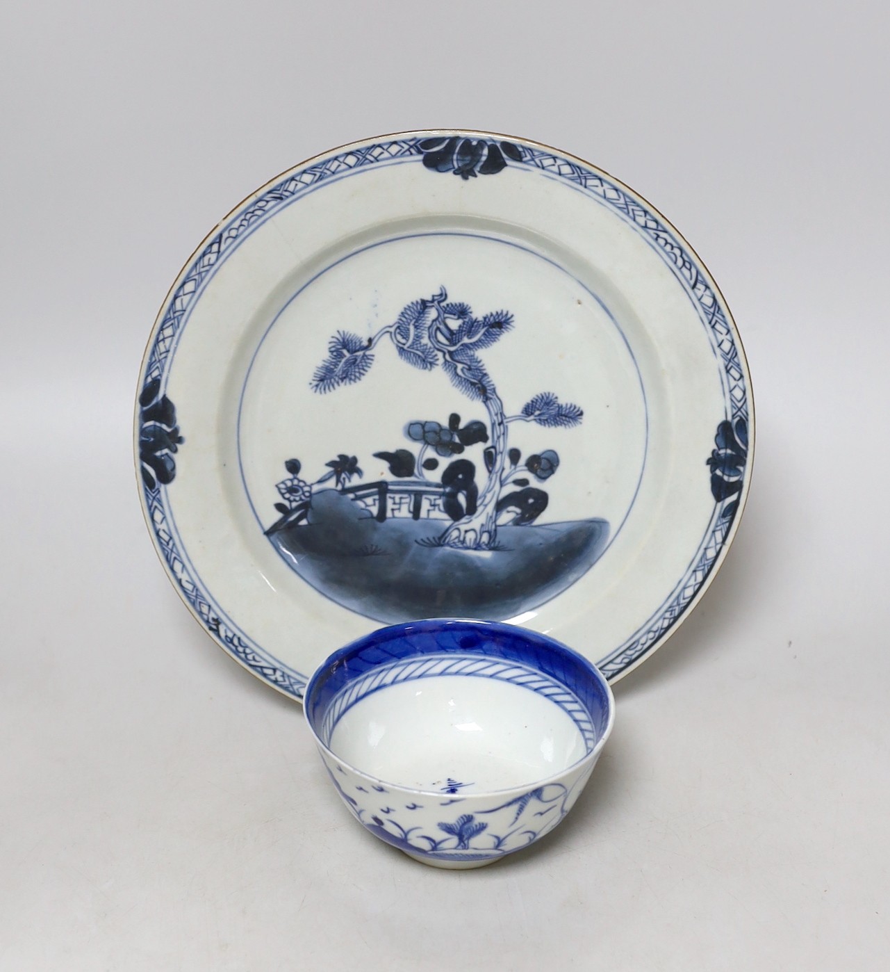 An 18th century Chinese blue and white plate, together with a cloisonné enamel dragon vase and a blue and white bowl. Vase height 23cm